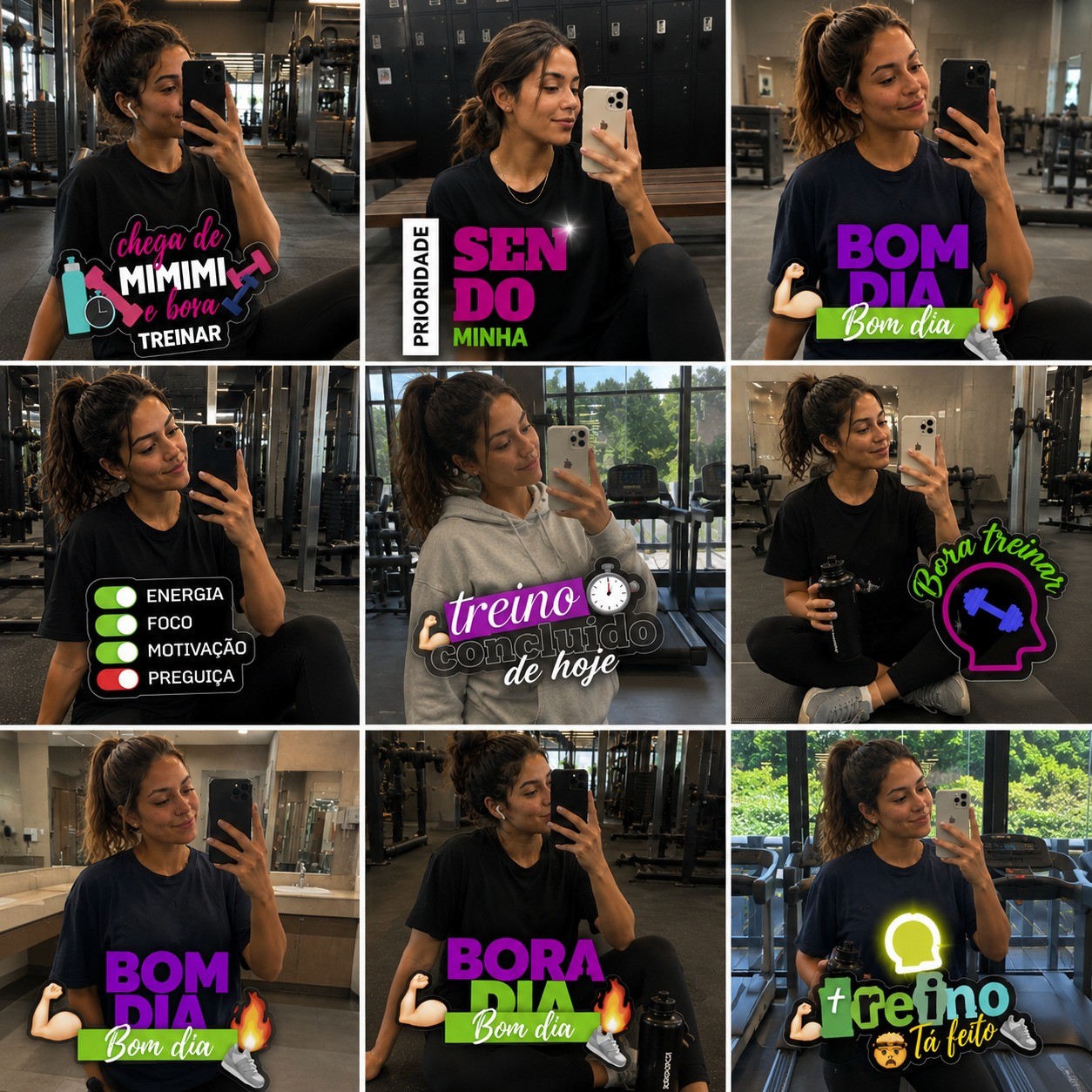 Exemplos reais de Stories com figurinhas fitness aplicadas